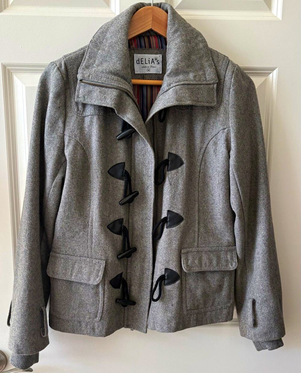 Vintage Y2K dELiA*s Gray Toggle Duffle Coat Jacket Size M Striped Lining M